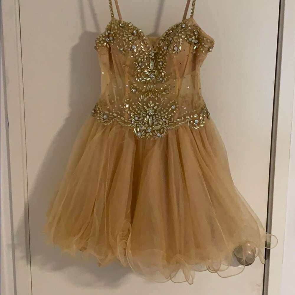 See through midriff tan jeweled dress